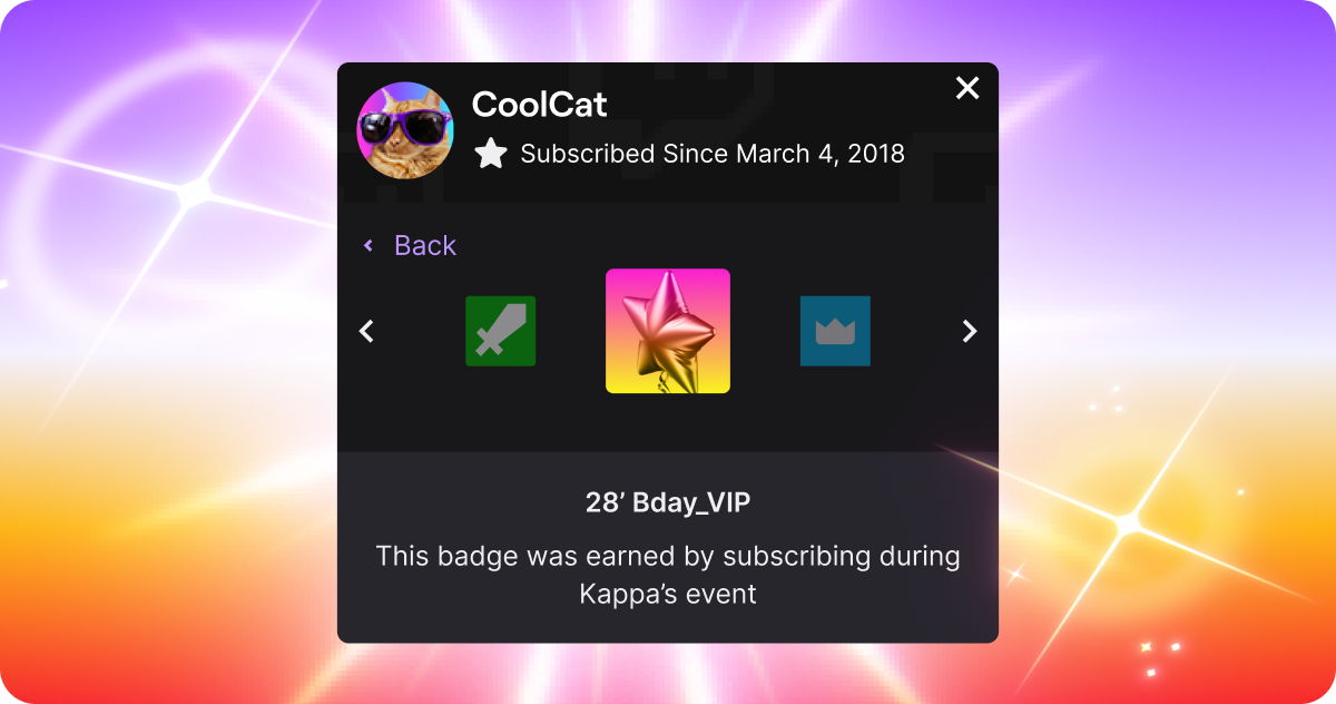 Exemple de badge "28 Bday_VIP" avec un badge custom en étoile, et la mention "ce badge a été obtenu en s'abonnant pendant l'évènement Kappa"