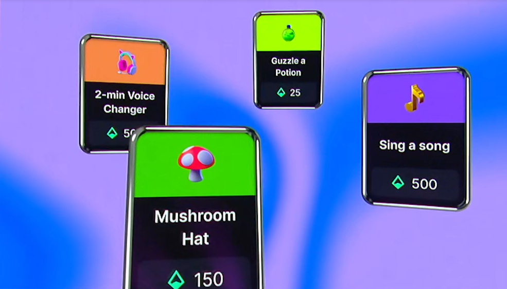 Exemples de Power-ups comme "sing a song" ou "2min voice changer", avec un prix en Bits associé.