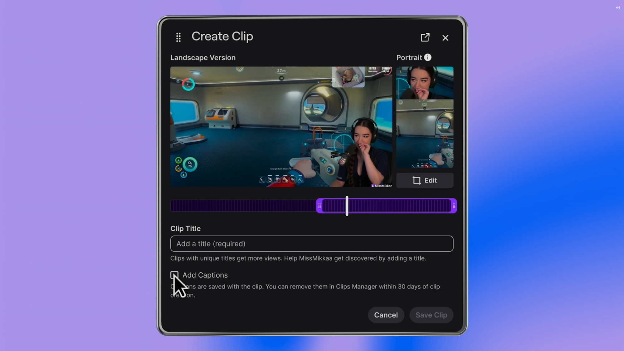 Interface de clip twitch avec l'option "Add captions"