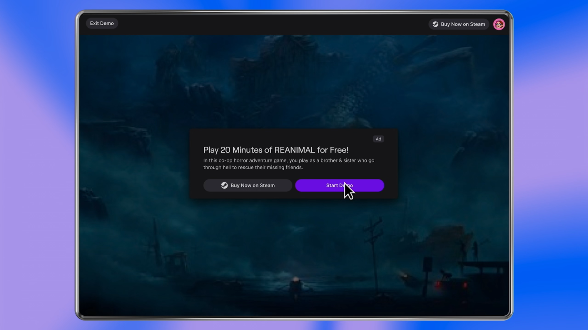 Capture d'une Gameplay Demo de REANIMAL sur Twitch, avec une courte description du jeu et les options "buy now on steam" ou "Start Demo".