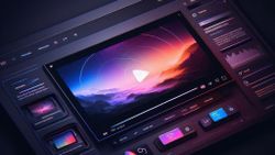 Image IA (Dall.E 3) d'un lecteur vidéo embed sur une page web sans aucun texte, en couleurs sombres, avec des accents RGB