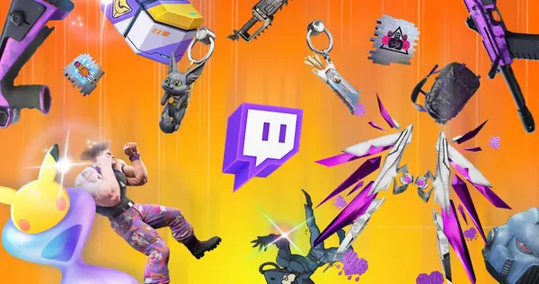 Logo Twitch entouré de plein de petits elements gaming, symbolisant les drops de la plateforme.