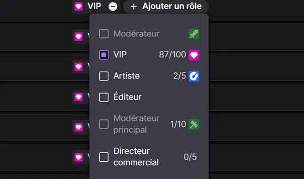 Ecran de selection des roles sur twitch avec la nouvelle option "Directeur commercial"
