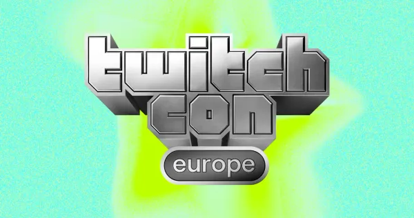 Logo argenté TwitchCon Europe sur fond vert