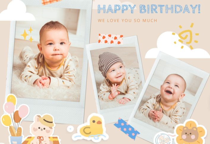 Three birthday photos of a child