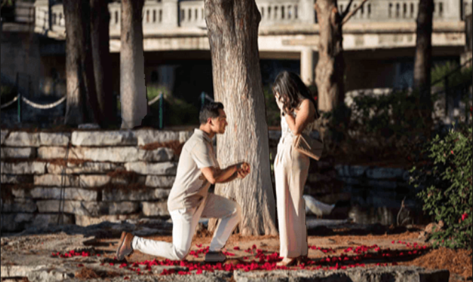 A man is proposing to a woman.