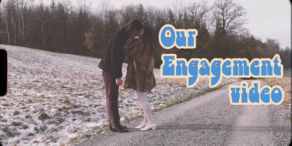 A man and a woman kissing, with the words "Our Engagement Video" written on the right.
