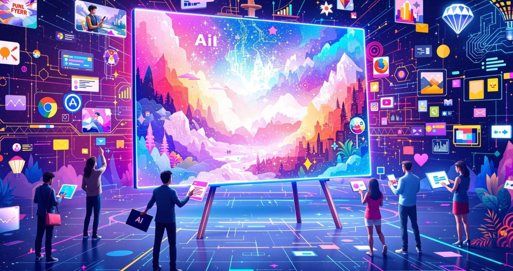 A group of people facing AI-generated images