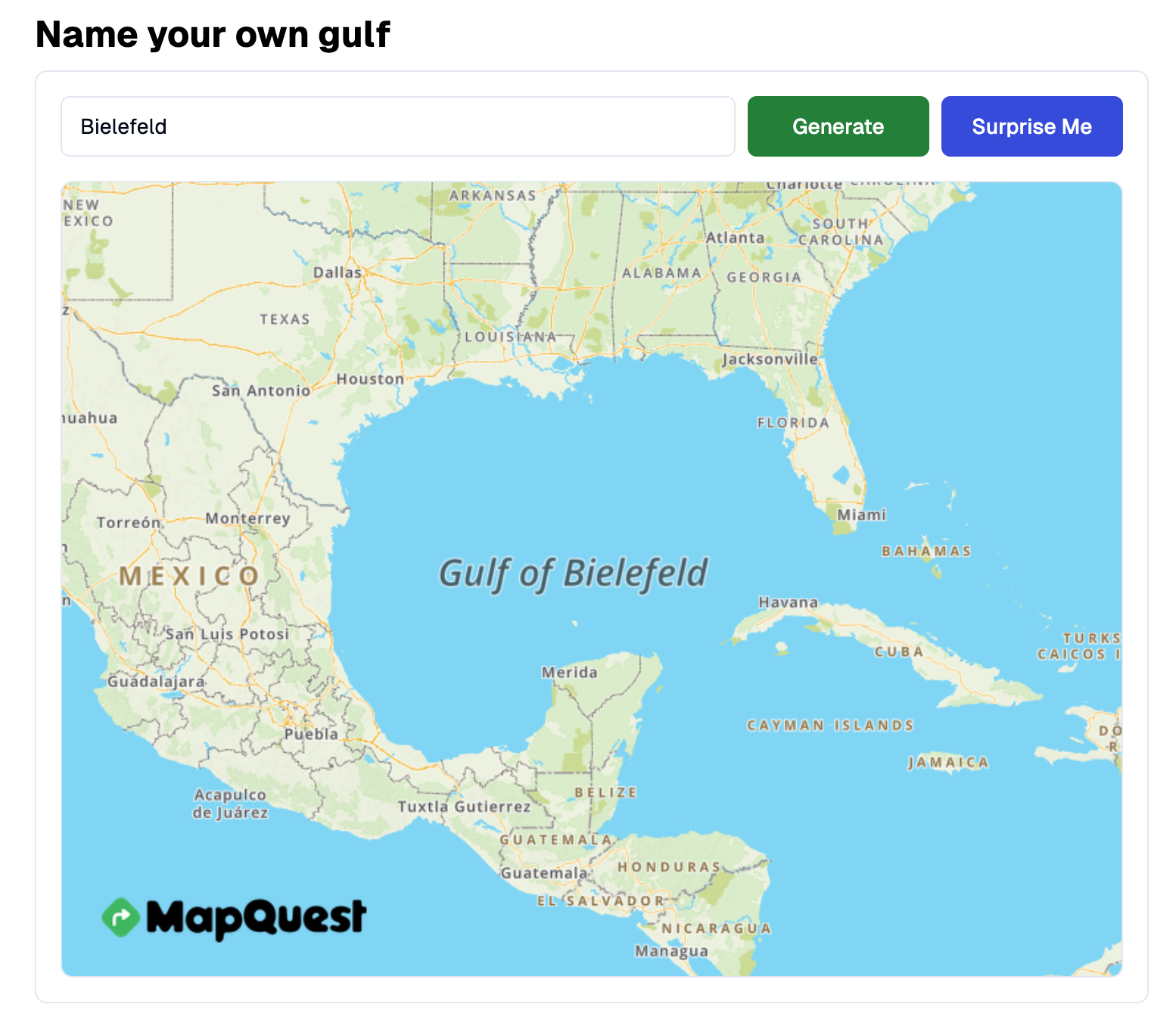 Screenshot des Mapquest-Tools zur Umbenennung des Golf von Mexikos mit dem Namen "Gulf of Bielefeld"