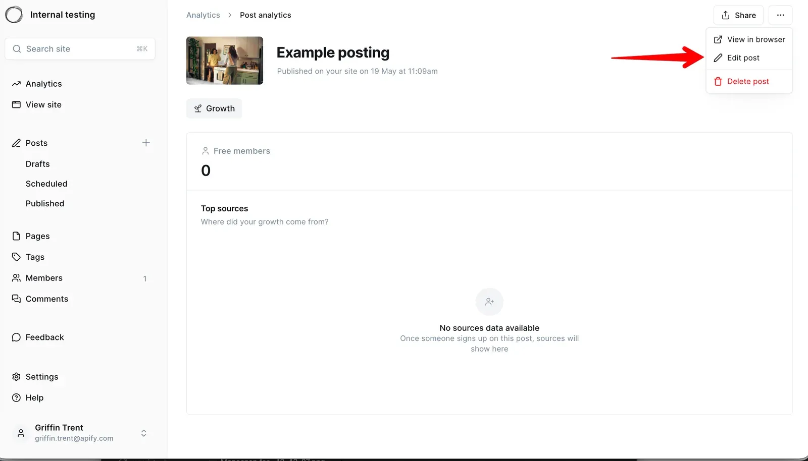Reviewing a published post in Ghost Admin