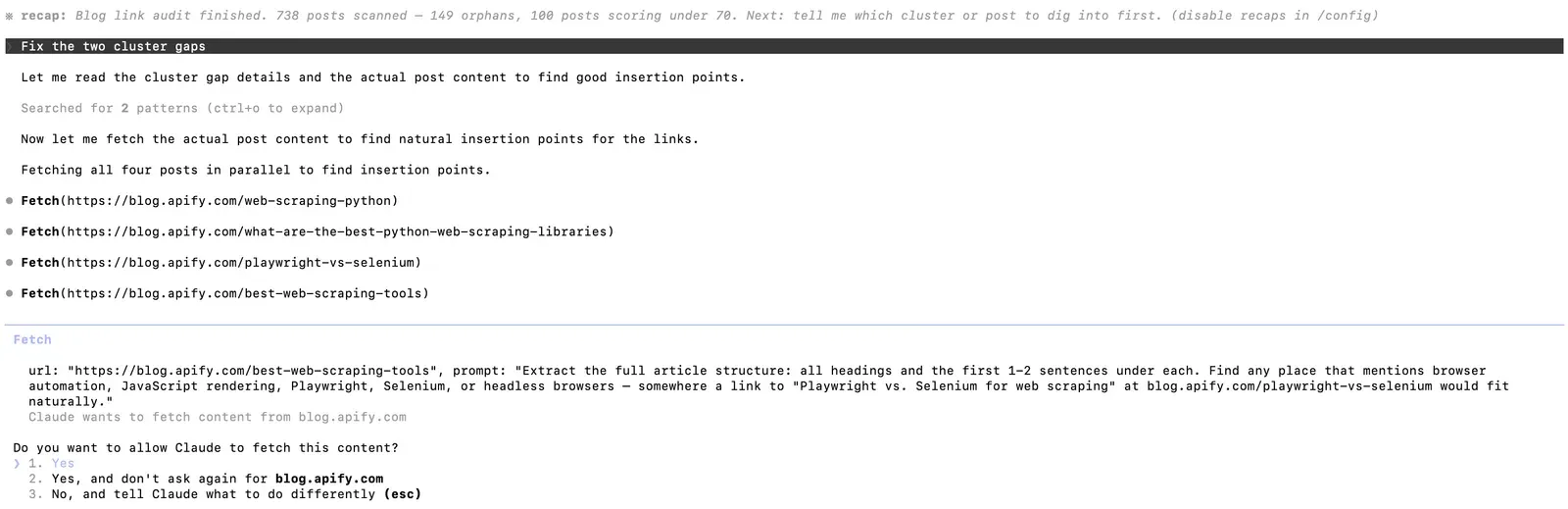 Claude fixing cluster gaps screenshot
