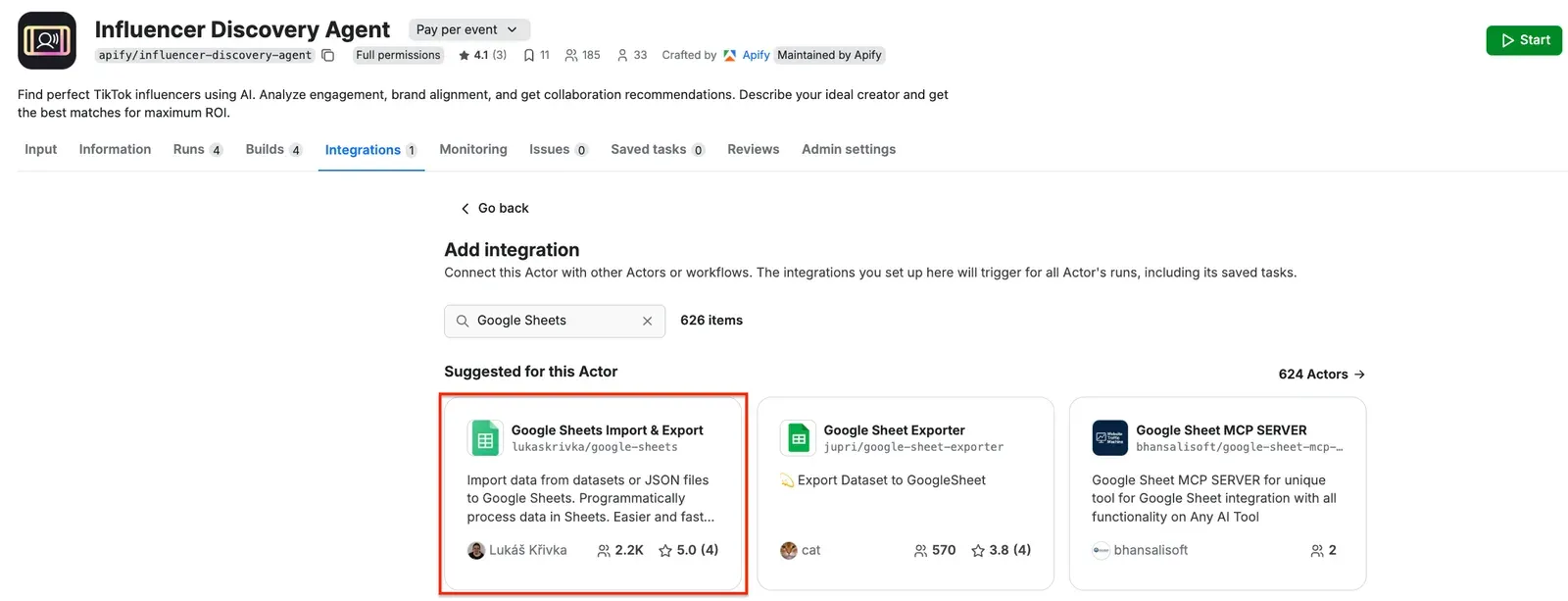 Selecting Google Sheets Import & Export from the Integrations tab