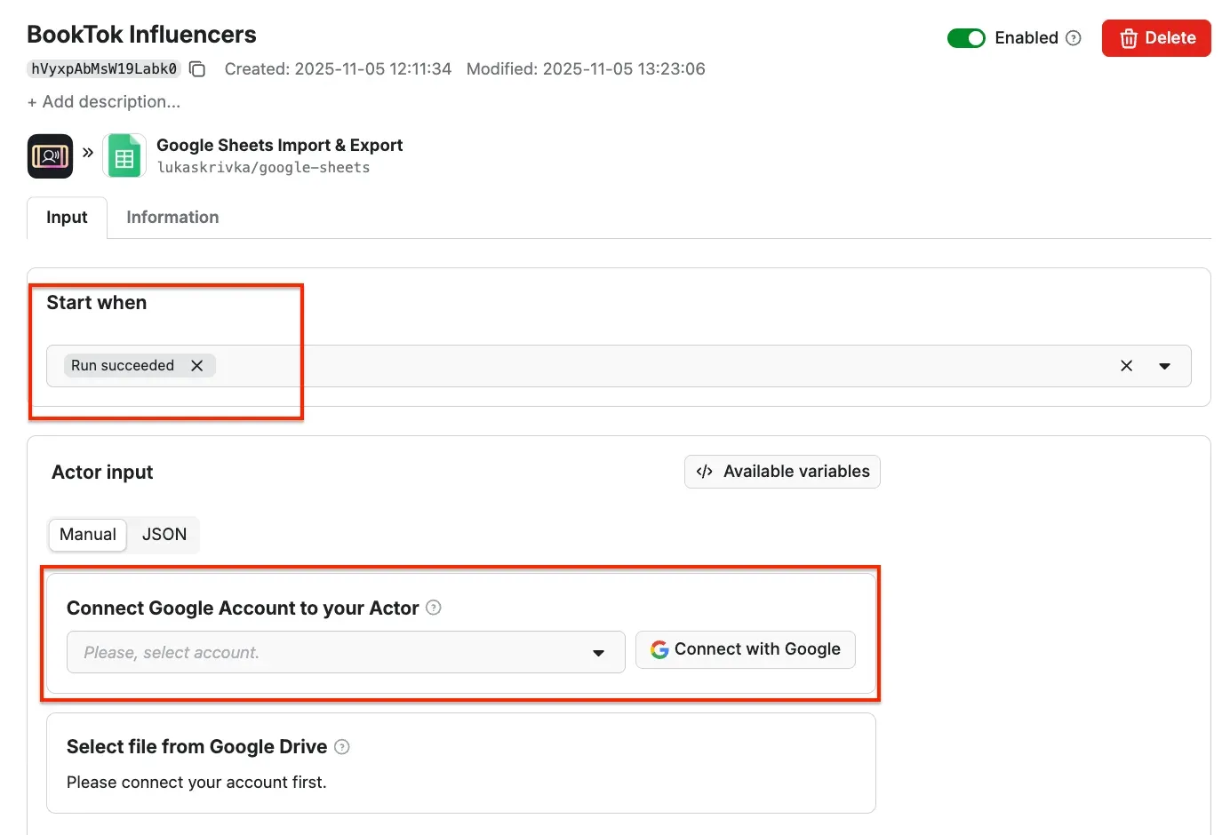 Connecting a Google account to the integration