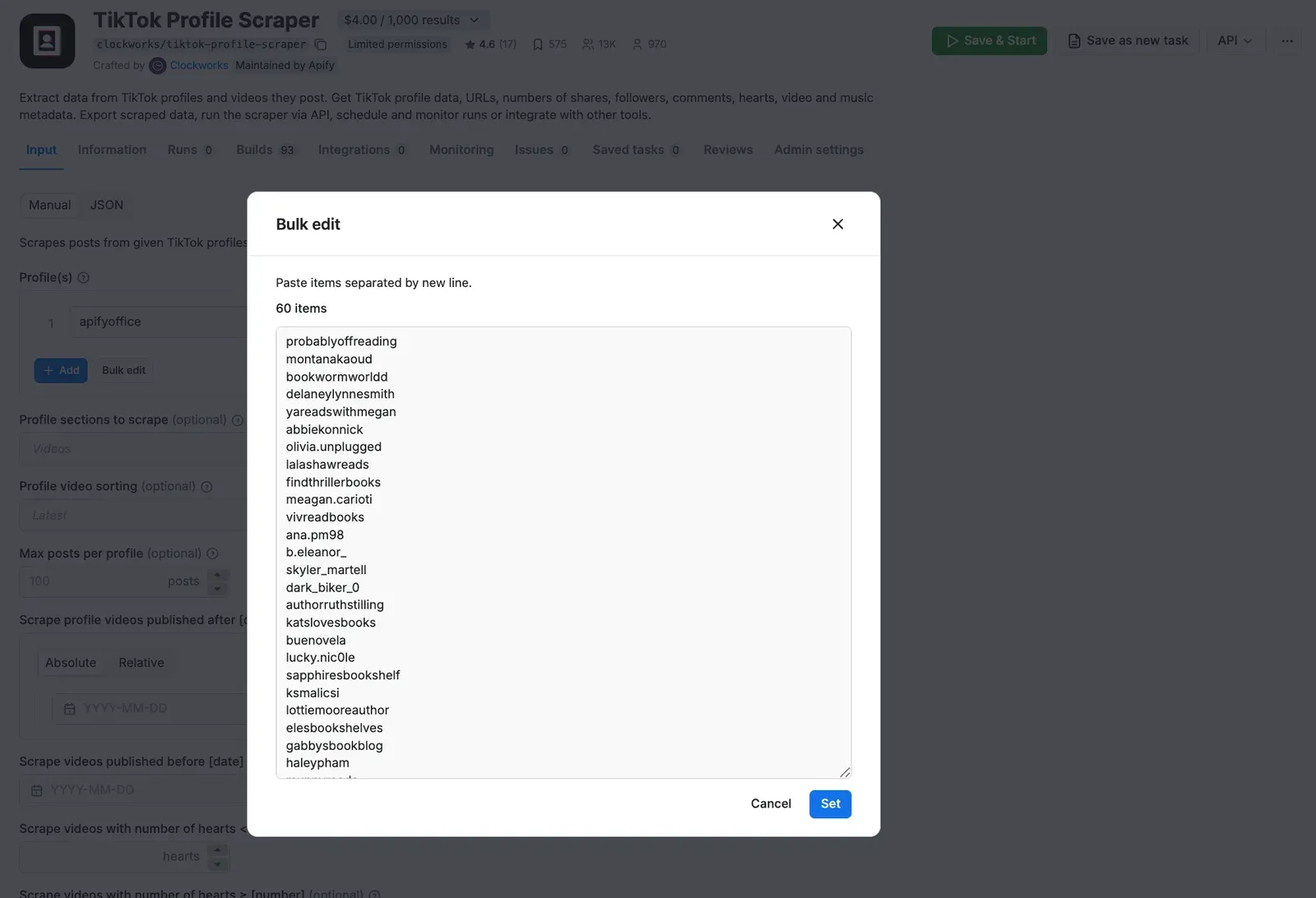Bulk-editing usernames in TikTok Profile Scraper