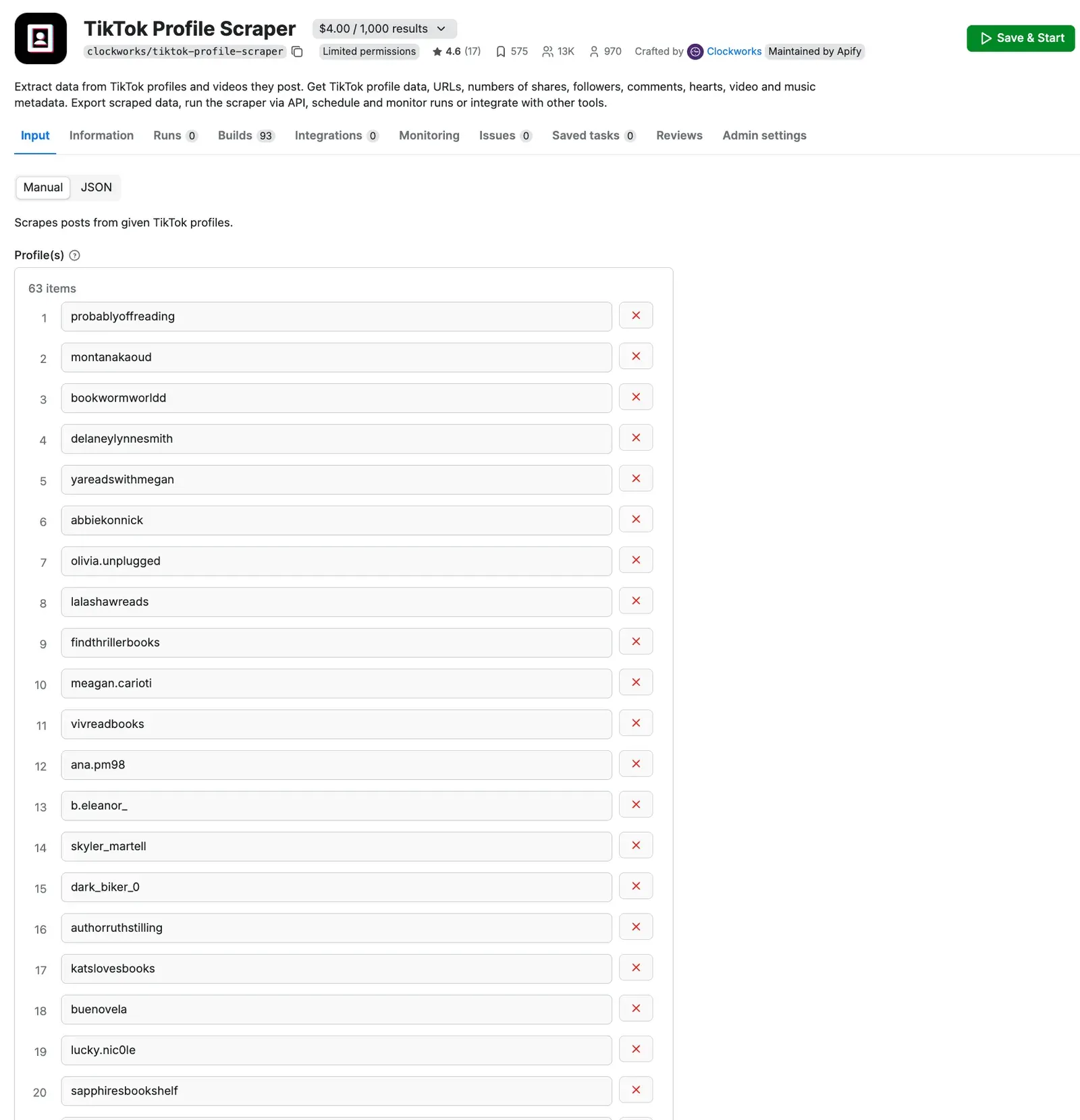 TikTok Profile Scraper input ready to run