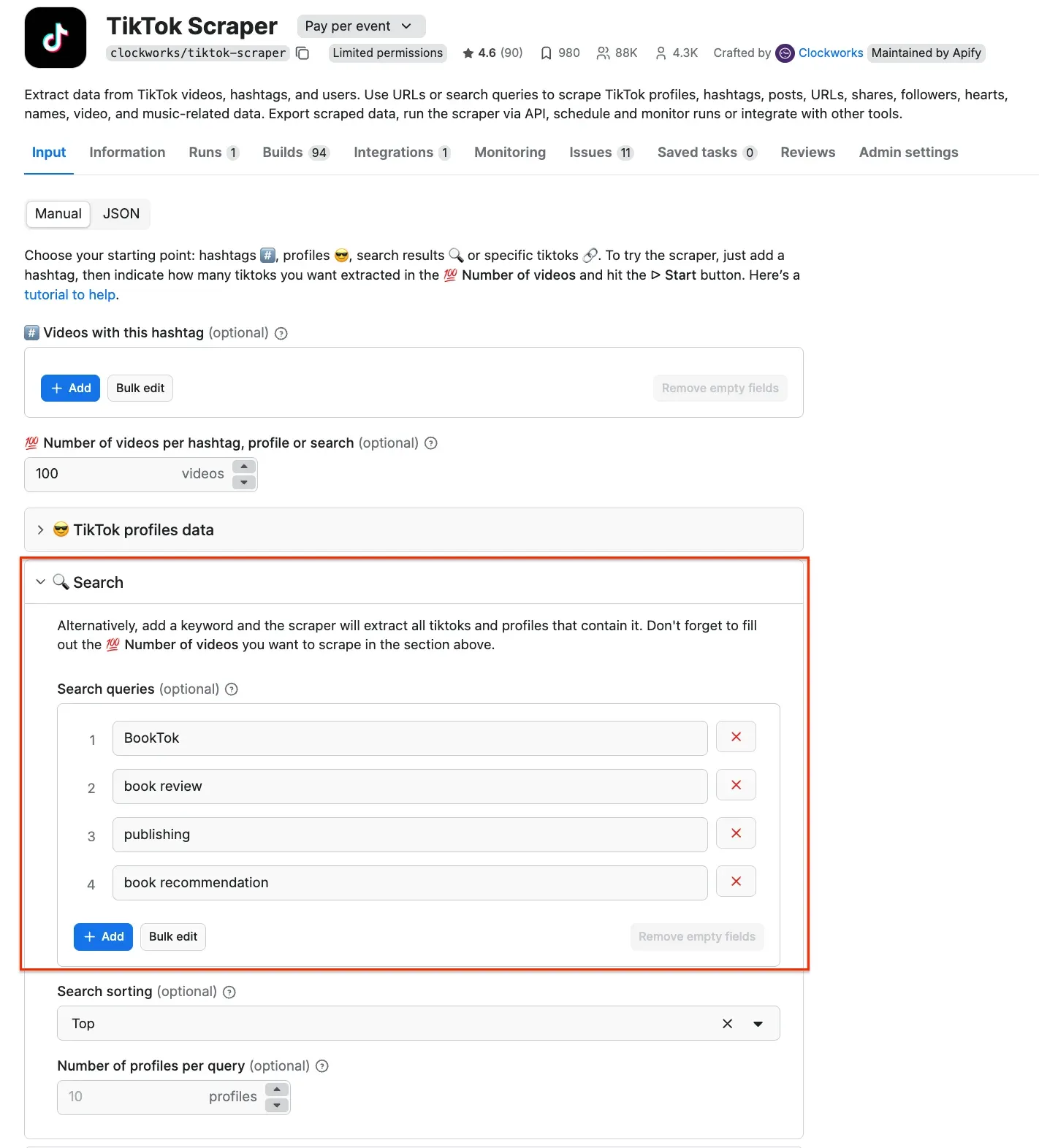 Entering keywords in TikTok Scraper