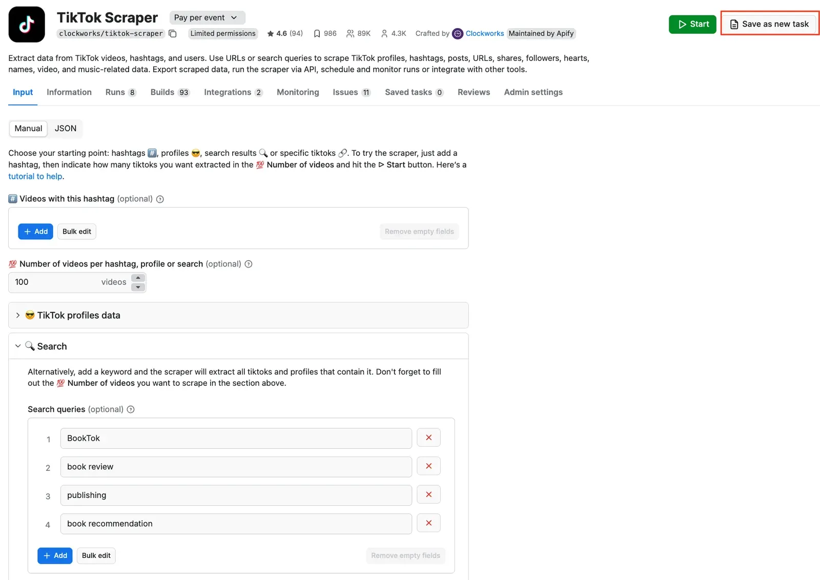 Saving the TikTok Scraper as a task