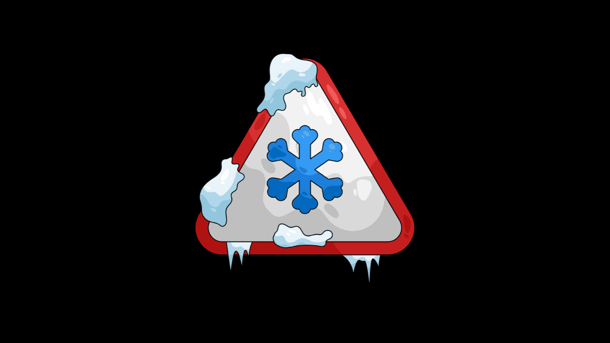 A minimalist warning sign with a snowflake symbol, partially covered in ice, on a black background.