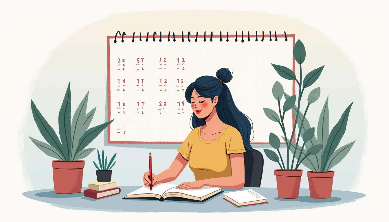 An illustration of a woman with long dark hair sitting at a desk, writing in a journal. 