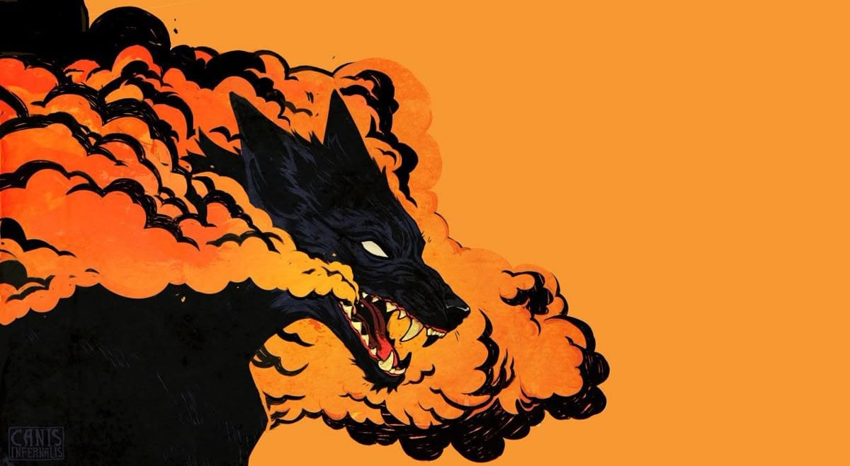 Colored illustration of a black dog breathing smoke.