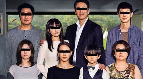Still photo from Parasite of the main characters posing together. Their eyes are crossed out with black bars.