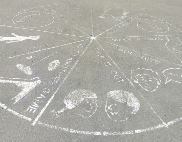 Photo of a conflict resolution wheel drawn in chalk on a playground.