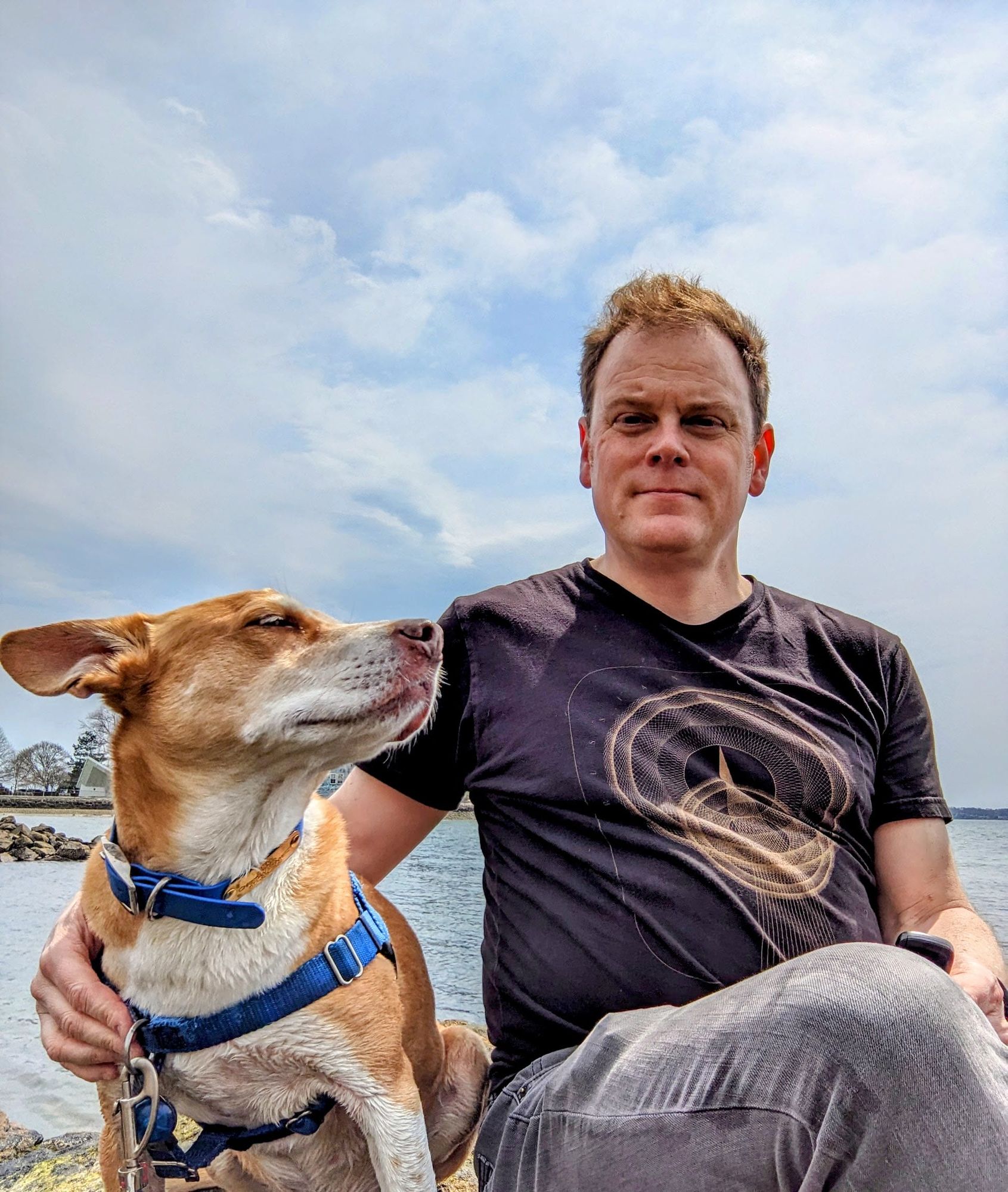 Winn and I sitting on the rocks at David S. Lynch Park in Beverly, Massachusetts