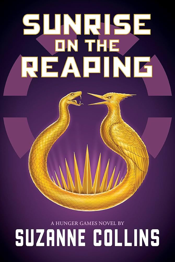 Sunrise on the Reaping: A Hunger Games Novel by Suzanne Collins, featuring a purple to gray gradient background and a gold trinket of a snake wrapping around a loop to become a songbi