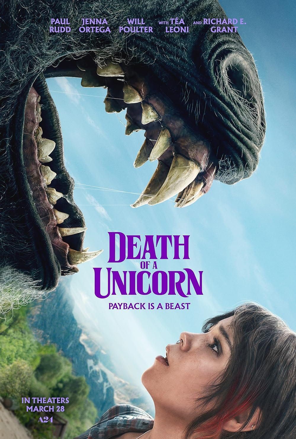 Death of a Unicorn movie poster, featuring star Jenna Ortega staring up into the mouth of a unicorn with razor sharp teeth.