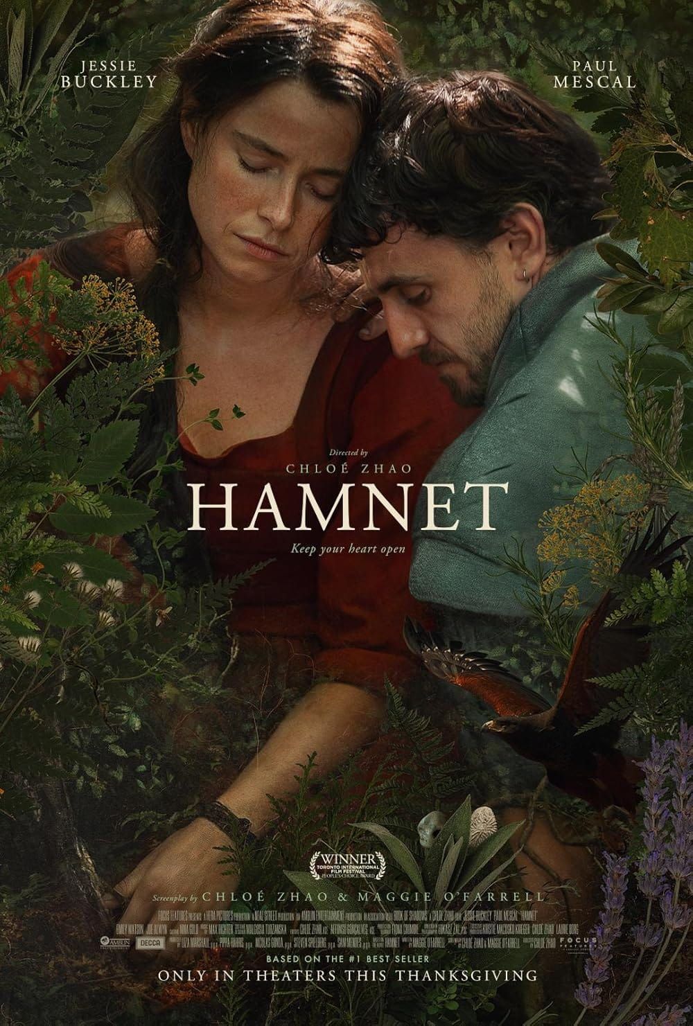 Hamnet movie poster, featuring Agnes and William Shakespeare surrounded by plants.