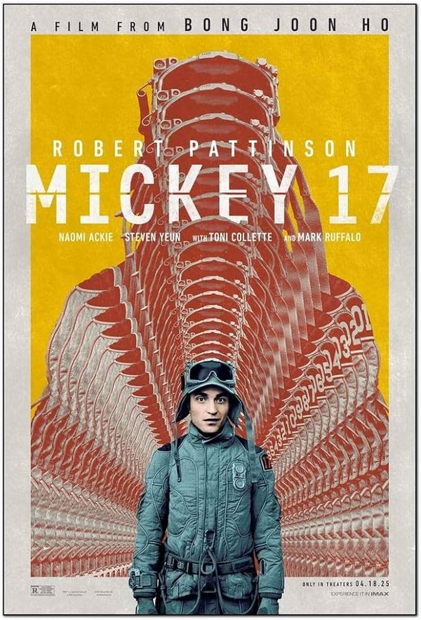 Robert Pattinson as Mickey 17, in his space suit, standing in front of the fading outline of 16 Mickey's before him. Movie poster.