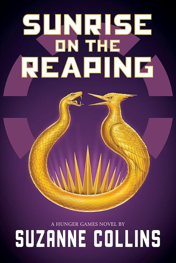 Sunrise on the Reaping: A Hunger Games Novel by Suzanne Collins, featuring a purple to gray gradient background and a gold trinket of a snake wrapping around a loop to become a songbi