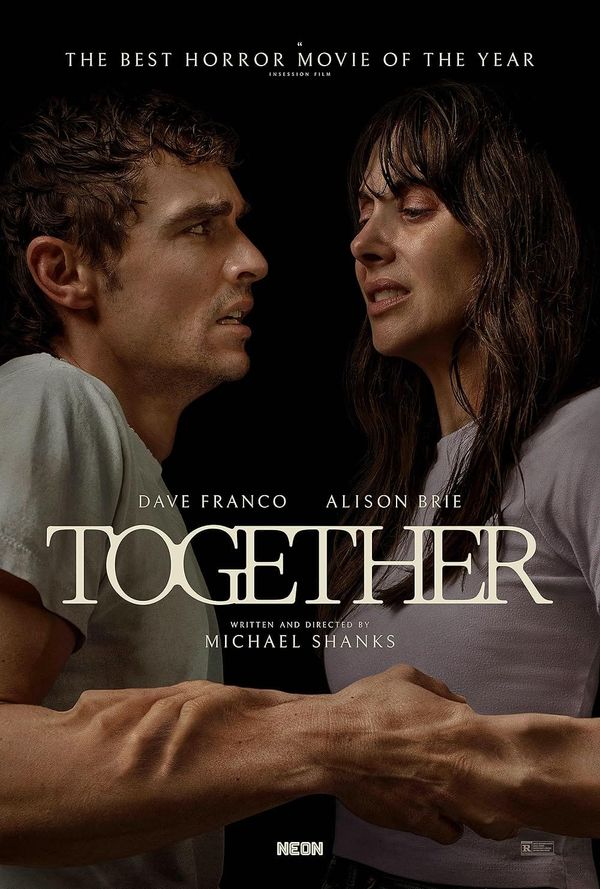 Movie poster for horror film together, featuring couple staring at each other in fear as their arms blend together.