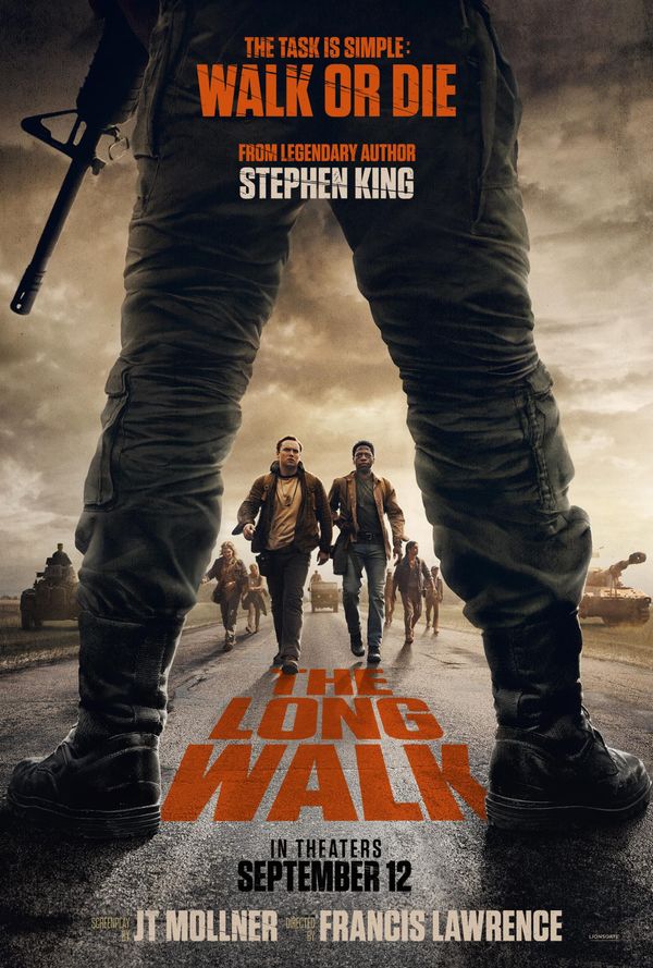 The Long Walk movie poster, featuring contestants walking surrounded by military.