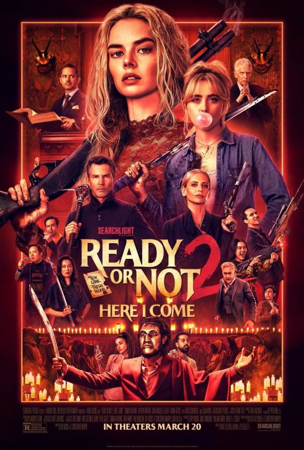 Ready or Not 2: Here I Come poster, featuring Grace, Faith, and the rival families in a red light brandishing weapons at the viewer.