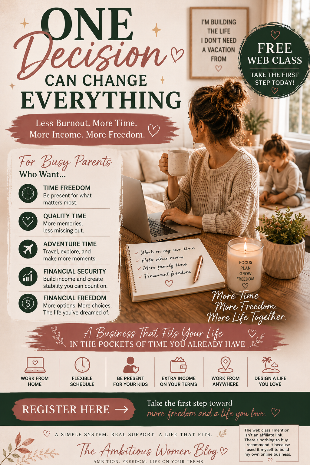 Used are Burnt out, busy parents, ambitious women, make money online, legit work from home, side hustle idea affiliate marketing, online business, business opportunity, time freedom, adventure time, quality time, travel, financial stability, financial security, financial freedom. record these