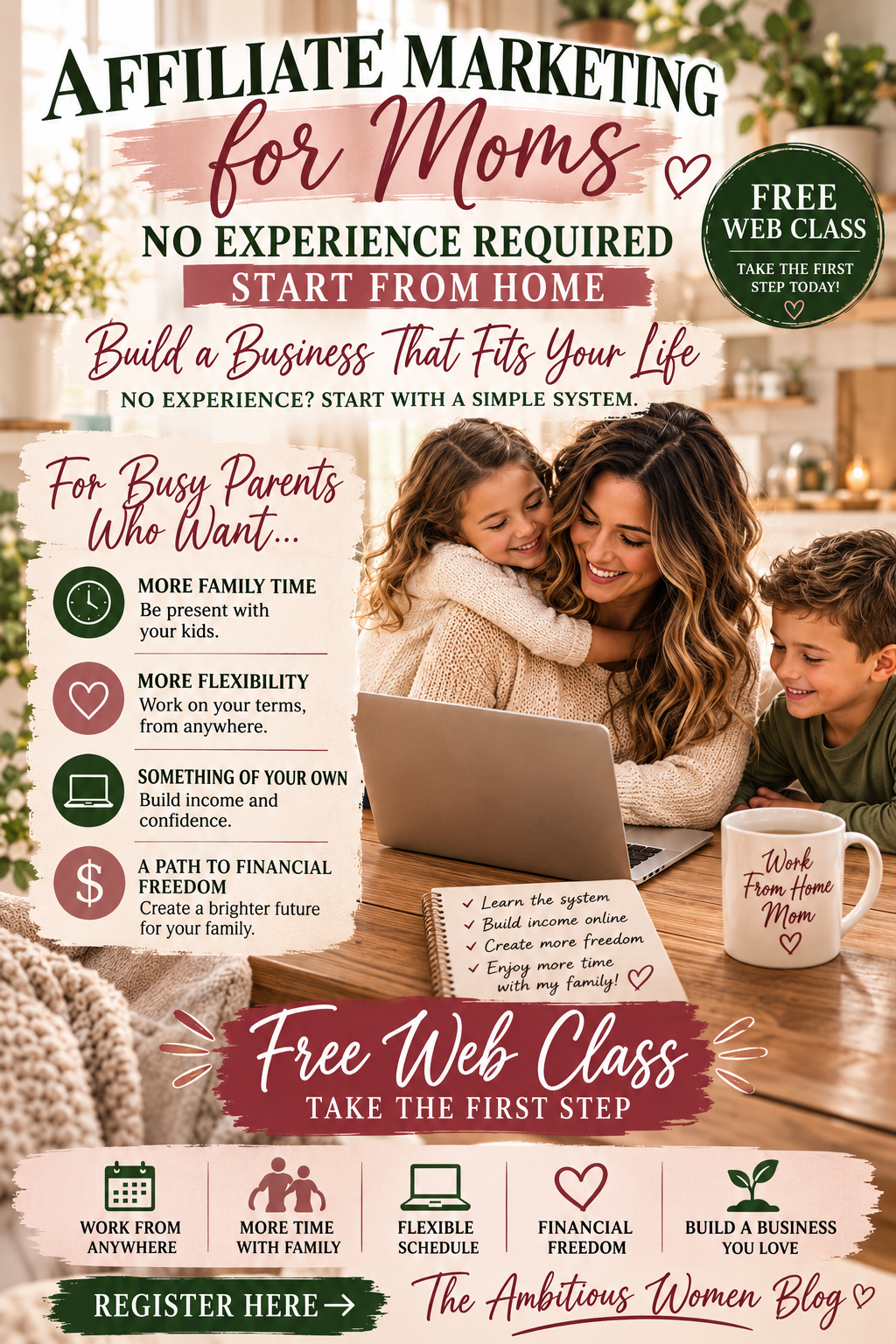 Used are Burnt out, busy parents, ambitious women, make money online, legit work from home, side hustle idea affiliate marketing, online business, business opportunity, time freedom, adventure time, quality time, travel, financial stability, financial security, financial freedom