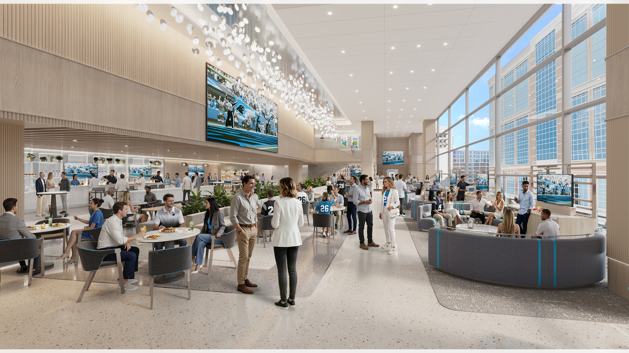 Rendering of a planned premium lounge at Bank of America Stadium in Charlotte, showing seating, dining and an expansive window wall.