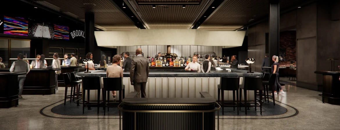 Rendering of the Barclays Center event-level club with a central bar and seating.