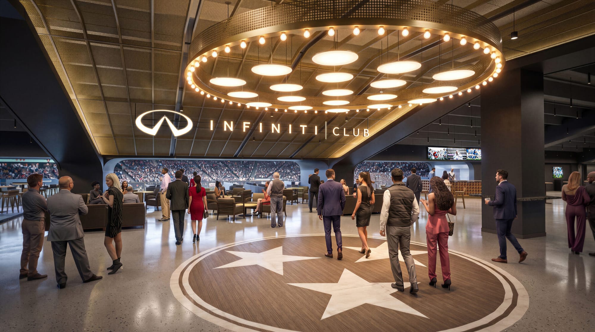 Rendering of the INFINITI Club at the new Nissan Stadium, showing lounge seating and a view toward the field.
