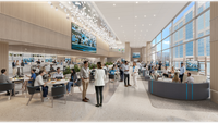Rendering of a planned premium lounge at Bank of America Stadium in Charlotte, showing seating, dining and an expansive window wall.