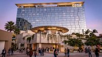 Rendering of the planned SENA hotel at OCVIBE in Anaheim, viewed from the plaza.