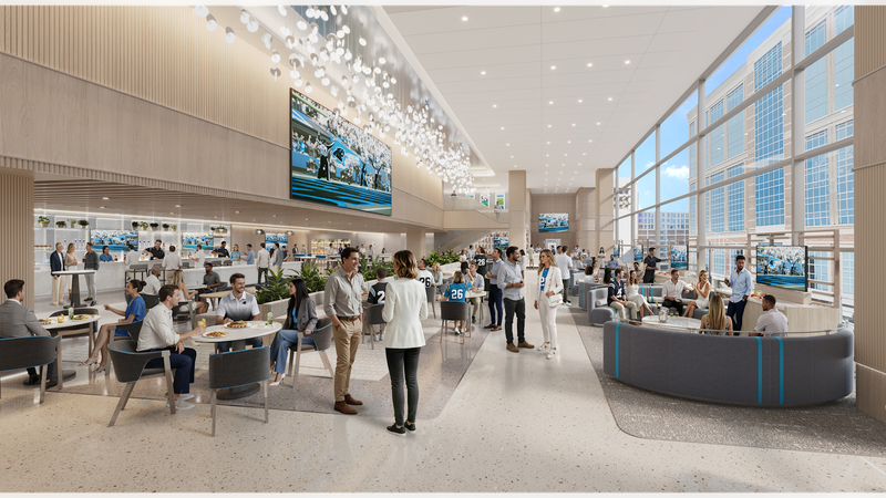 Rendering of a planned premium lounge at Bank of America Stadium in Charlotte, showing seating, dining and an expansive window wall.