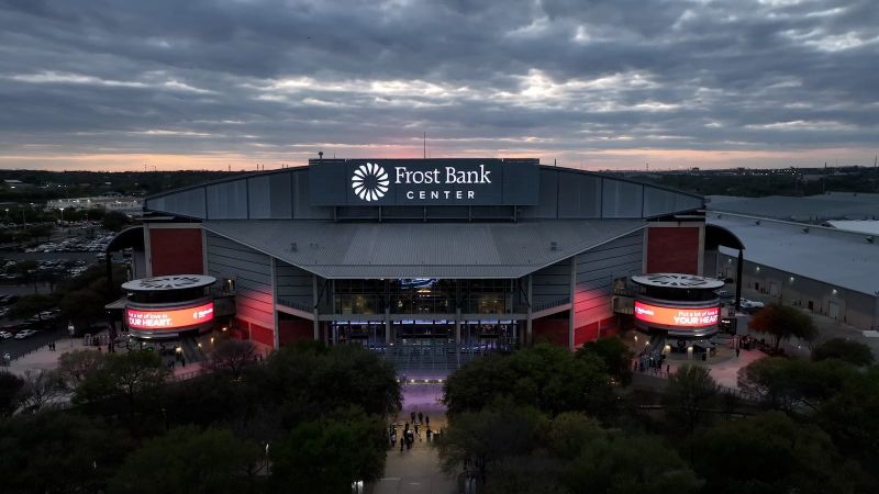 Exterior of Frost Bank Center in San Antonio at dusk.