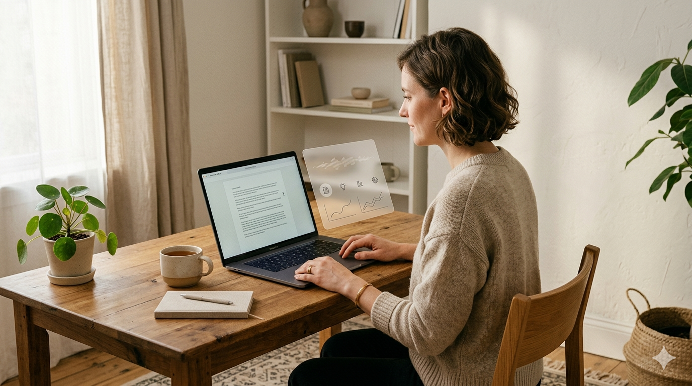 A person working on a laptop at a wooden desk in a calm home office, with a translucent AI interface panel floating alongside the screen.