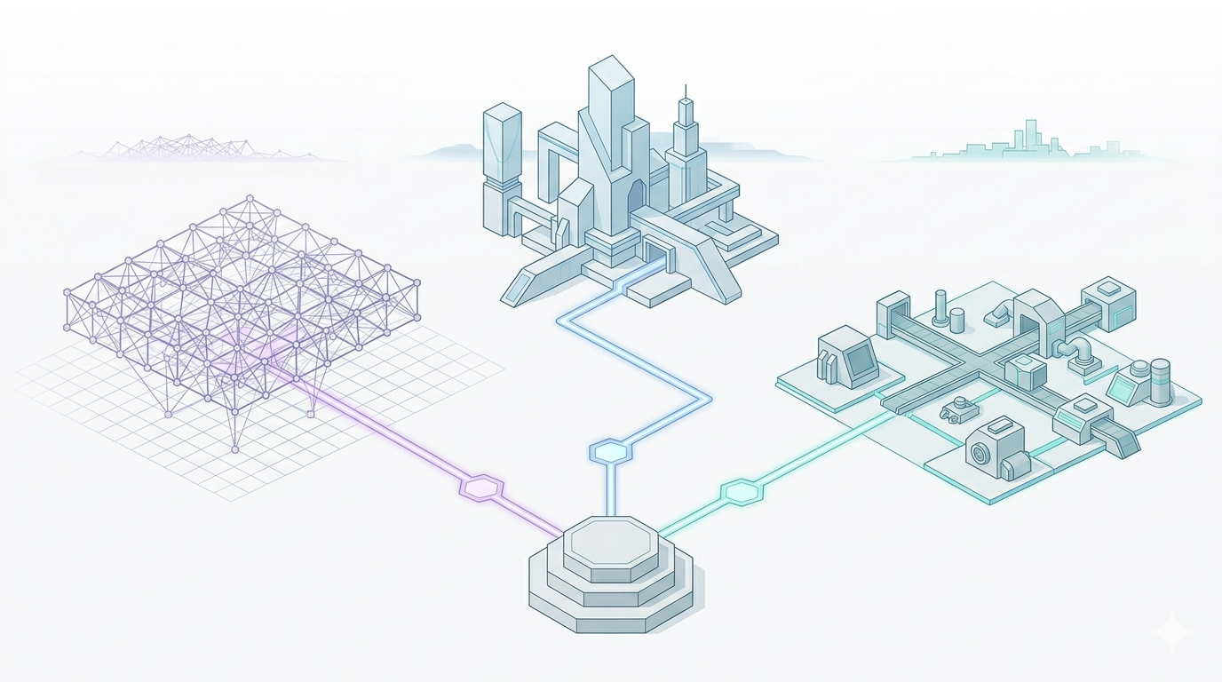 Isometric illustration showing three diverging paths from a single central point, leading toward a network structure, an architectural form, and a production facility.