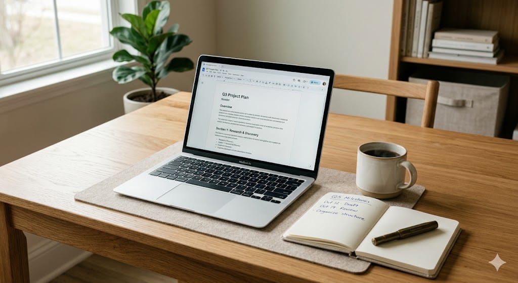 Een opengeklapte laptop op een houten bureau met een open notitieboek, pen en een mok koffie. Het scherm toont een gestructureerd document. De werkplek is rustig en overzichtelijk.