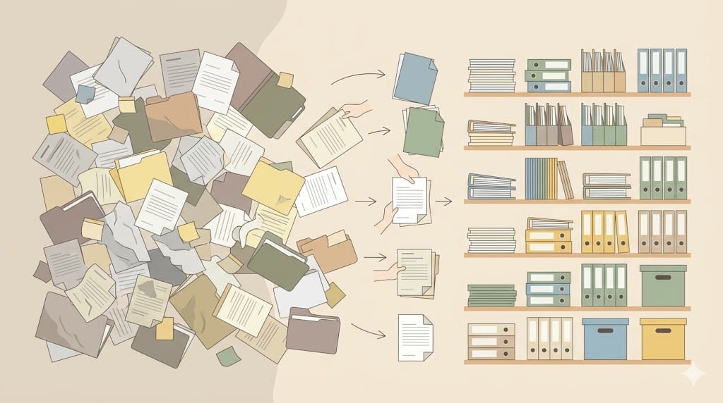 A illustration showing a chaotic pile of documents and folders on the left transforming into neatly organised shelves on the right, with hands sorting papers in between.