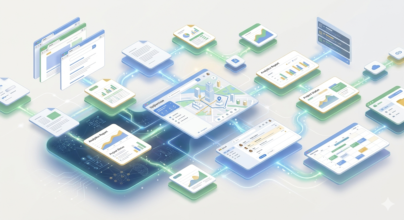 Isometric illustration of interconnected digital interfaces — documents, browser windows, maps, and spreadsheets — linked by glowing pathways across a shared layer.