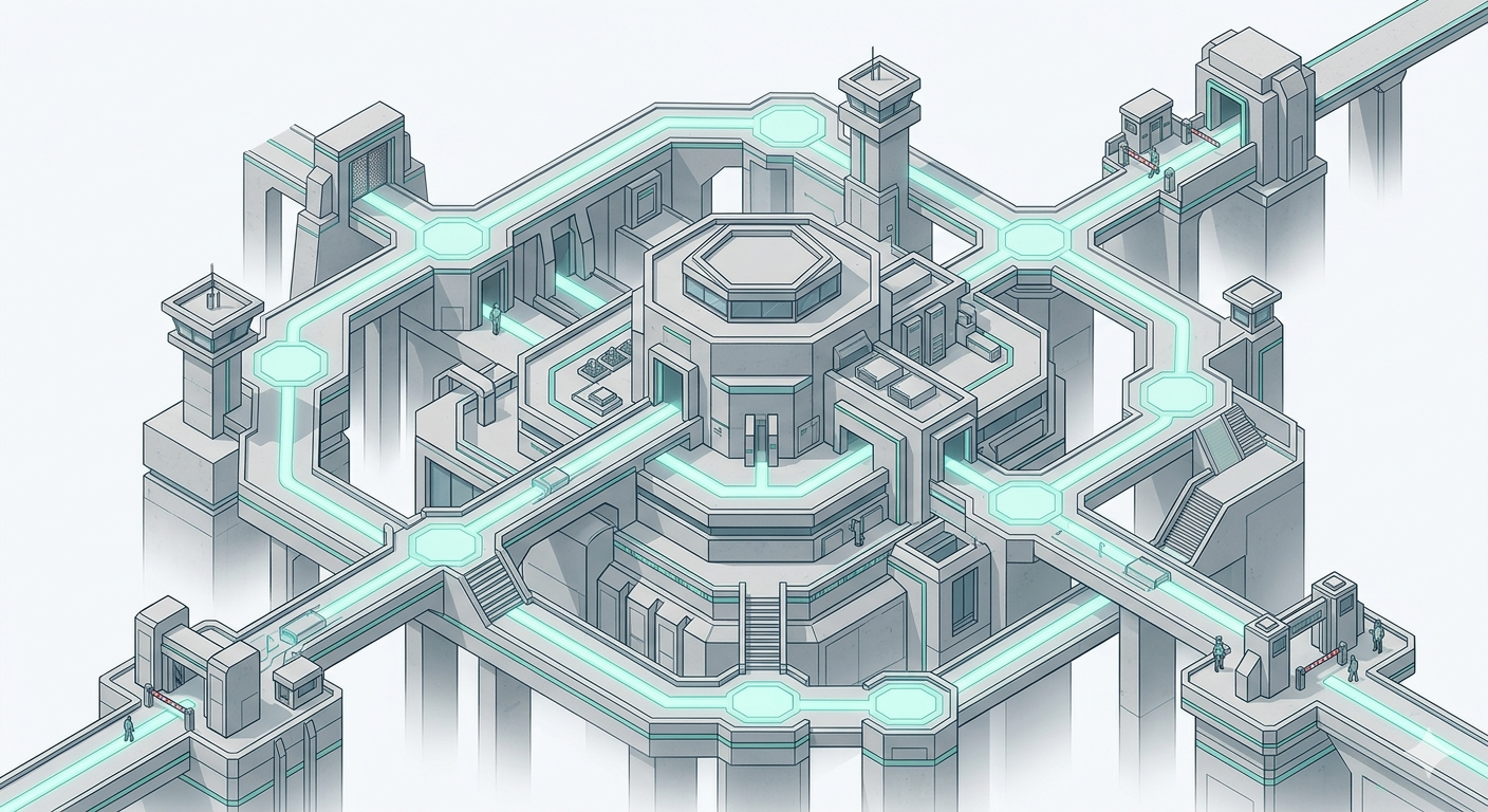 Isometric illustration of a structured architectural complex with glowing teal pathways running through controlled checkpoints and guarded entry points.